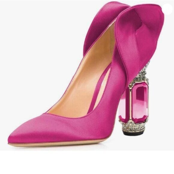 FSJ Fuchsia Satin Pumps Pointed Toe Crystal Chunky Block High Heels Shoes - Picture 1 of 8